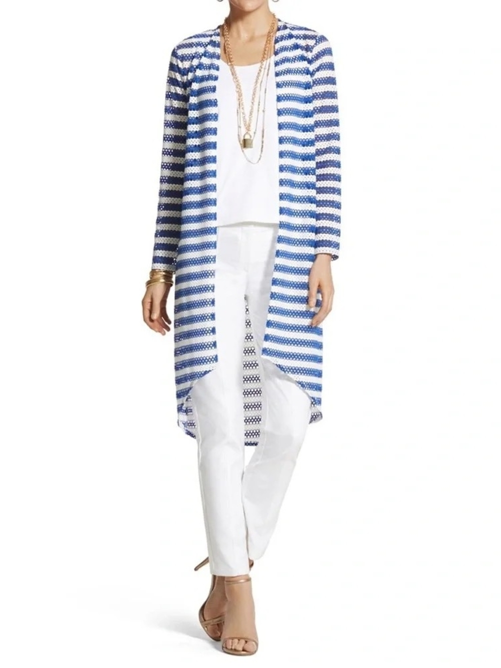 Chico's Striped Open-Knit Cardigan